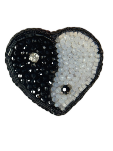 Yin Yang Heart Brooch, Black and White Balance Pin, Beaded Yin-Yang Jewelry, Handmade Crystal Heart Brooch, Zen Philosophy Gift, Harmony Symbol Heart Pin, Unique Spiritual Accessory, P.S. Jewelry — lifestyle photo