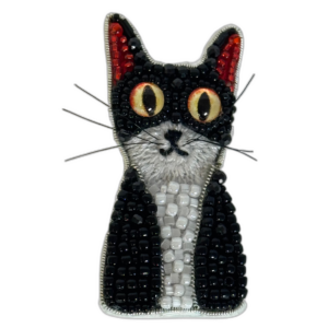 Black and White Tuxedo Cat Brooch with Red Ears, Beaded Kitten Pin, Handmade Embroidered Cat Jewelry, Whimsical Animal Brooch, Unique Cat Lover Gift, Hand-Stitched Kitten Accessory, P.S. Jewelry — lifestyle photo