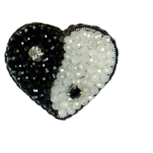 Yin Yang Heart Brooch Black White Small, Balance Heart Pin Crystal Bead, Handmade Zen Harmony Jewelry, Spiritual Gift — lifestyle photo