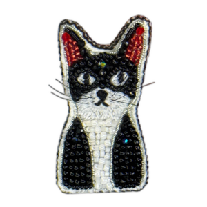 Tuxedo Cat Face Brooch Black White, Beaded Kitten Pin Red Ears, Handmade Embroidered Cat Jewelry, Cat Lover Gift — lifestyle photo