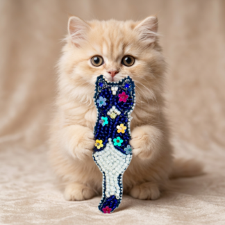 Navy Blue Cat Brooch Rainbow Sequins, Colorful Cat Silhouette Pin, Beaded Floral Cat, Handmade Unique Cat Jewelry