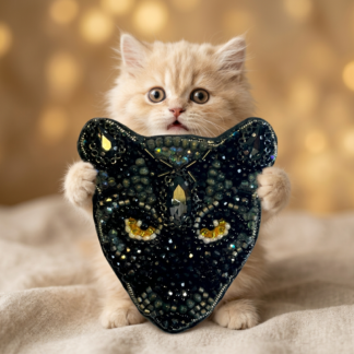 Black Panther Brooch with Hematite & Cat Eye Stones, Embroidered All Black Cat Pin with Bright Yellow Eyes, Handmade panther head brooch, gift panther face brooch. A symbol of grace, power, and independence.